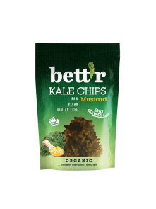 Bett'r organic and gluten free kale chips with mustard and onion in a packaging of 30g