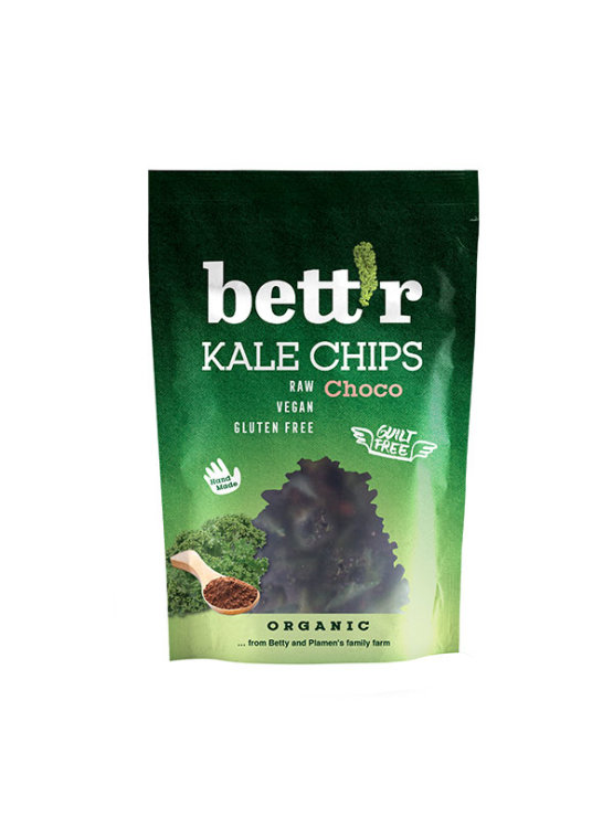 Bett'r organic and gluten free kale chips with chocolate and almond in a 30g packaging