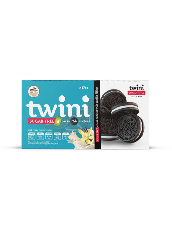 Twini sugar-free choco sandwich cookies with vanilla filling in a cardboard packaging of 176g