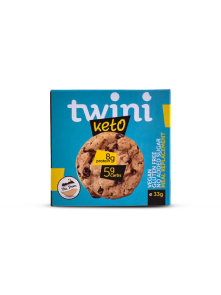 Twini keto chocolate chip cookie with no added sugar in a blue packaging of 33g