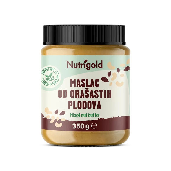 Nutrigold 100% pure mixed nut butter in a plastic packaging of 350g