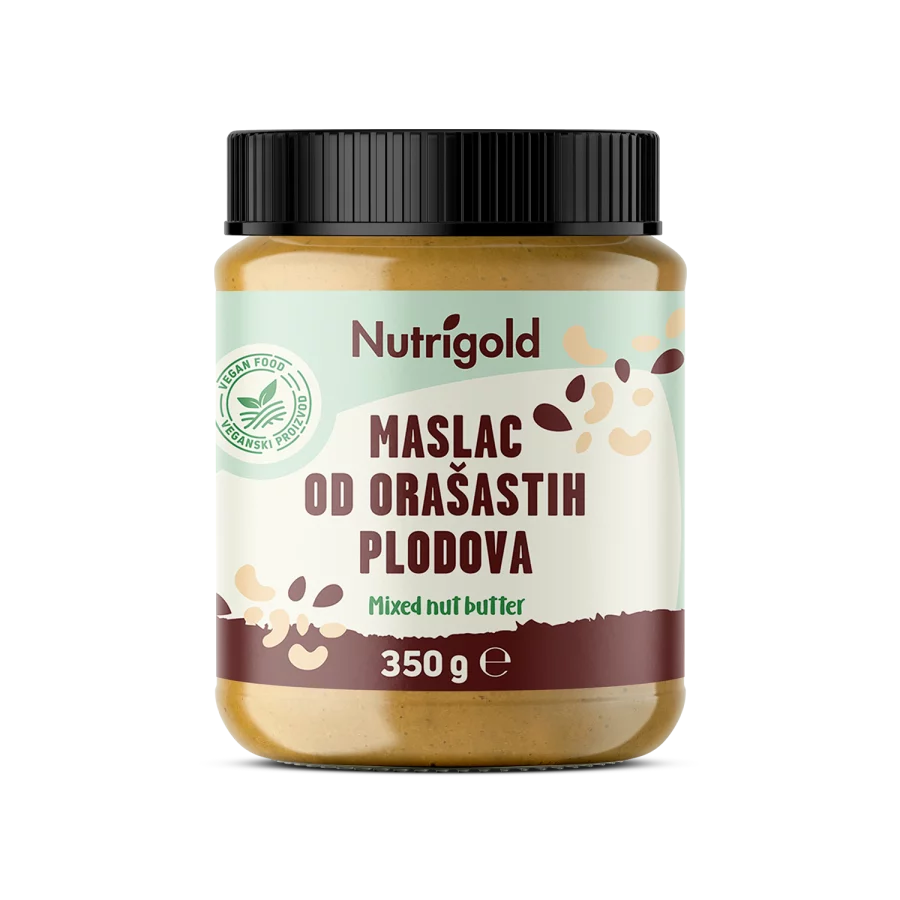 Nutrigold 100% pure mixed nut butter in a plastic packaging of 350g