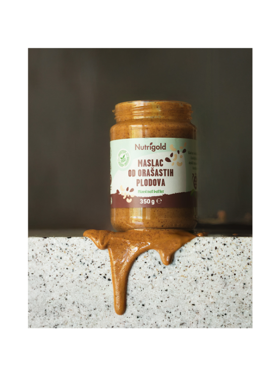 Nutrigold 100% pure mixed nut butter in a plastic packaging of 350g