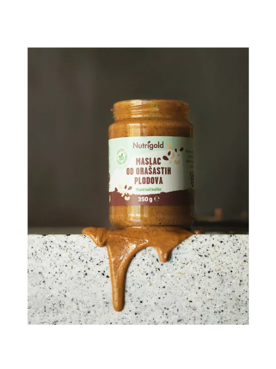 Nutrigold 100% pure mixed nut butter in a plastic packaging of 350g