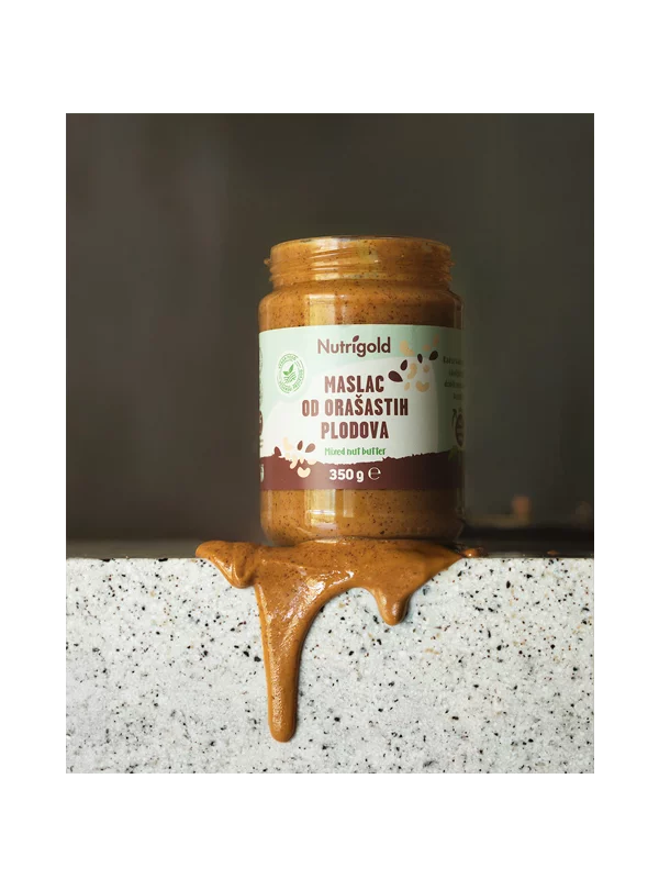 Nutrigold 100% pure mixed nut butter in a plastic packaging of 350g