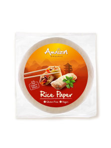 Amaizin gluten free and organic rice paper in a transparent plastic wrap of 110g