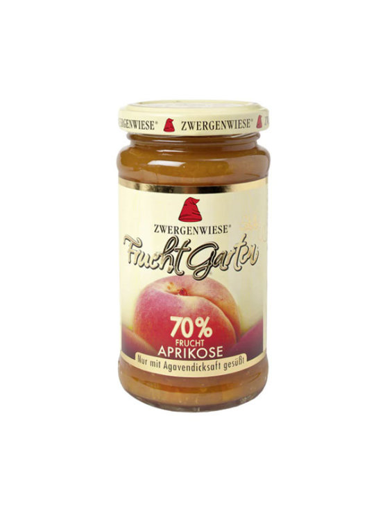 Zwergenwiese organic and gluten free apricot jam in a glass jar of 225g