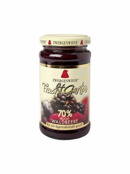 Zwergenwiese gluten free and organic mixed berry jam in a glass jar of 225g