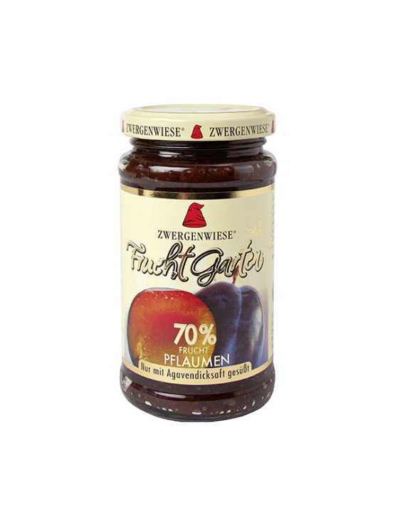 Zwergenwiese organic and gluten free plum jam in a glass jar of 225g