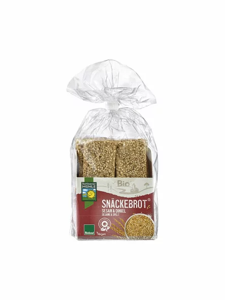 Bohlsener Muhle organic crunchy crackers with sesame and spelt in a transparent packaging of 200g