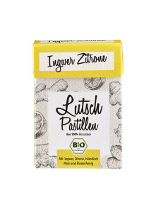 Aries organic lemon & ginger pastilles in a white cardboard box of 30g