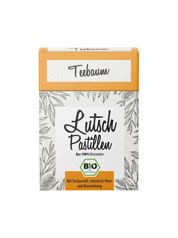 Aries organic tea tree pastilles for sore throat in a white cardboard packaging of 30g