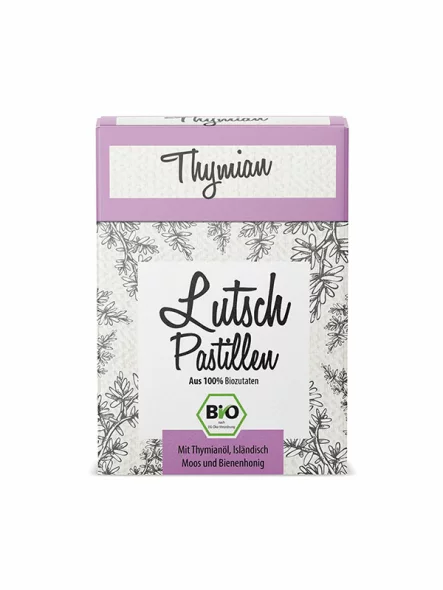 Aries organic thyme pastilles in a white cardboard packaging of 30g