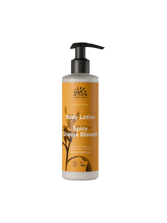 Urtekram organic orange blossom body lotion in a plastic packaging of 245ml with a pump