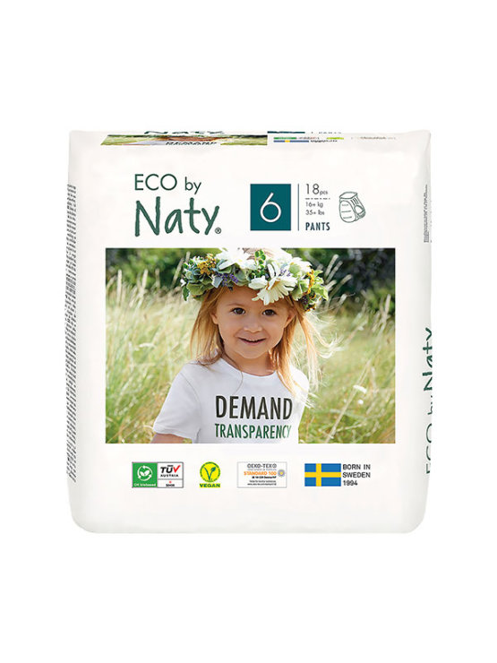 Eco by Naty organic baby diaper pants size 6 in a packaging containing 18 diaper pants