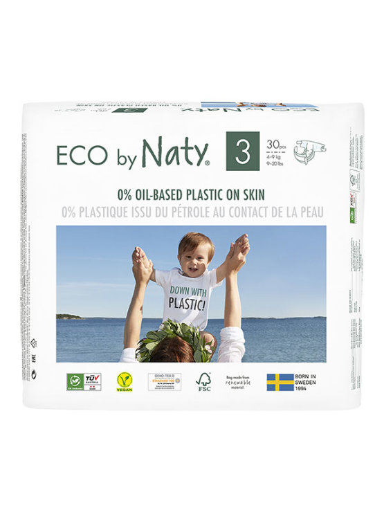 Eco by Naty organic baby diapers size 3 in eco-friendly packaging containing 30 diapers