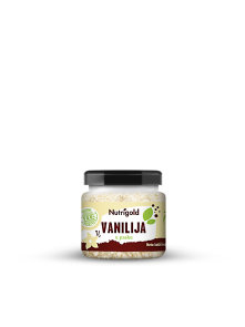 Nutrigold vanilla powder in a glass jar of 20g