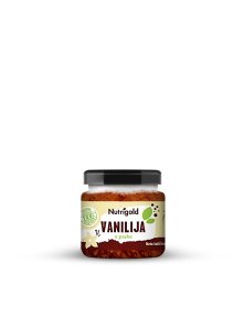 Nutrigold vanilla powder in a glass jar of 20g