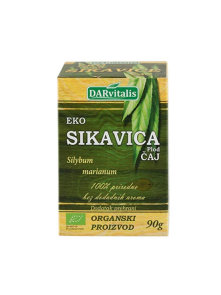 Darvitalis organic milk thistle tea in green cardboard packaging of 90g