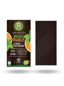 Reizl organic orange and mint vegan dark chocolate in a paper packaging of 70g