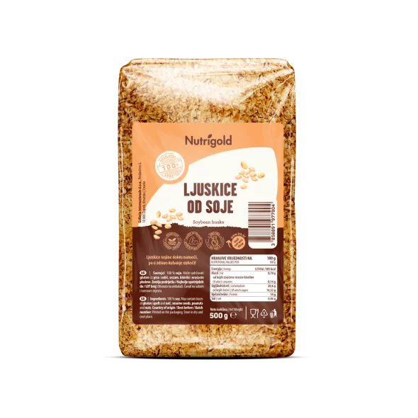 Nutrigold soy husks in a transparent packaging of 500g