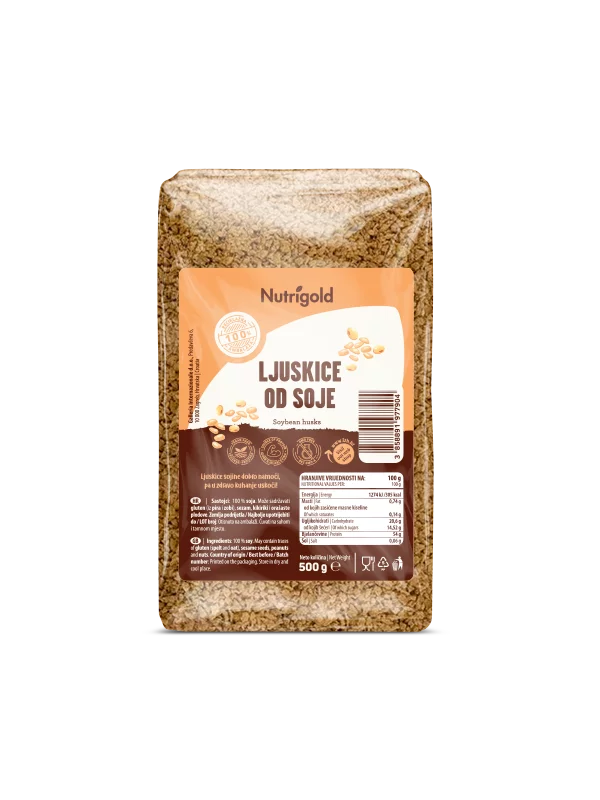 Nutrigold soy husks in a transparent packaging of 500g