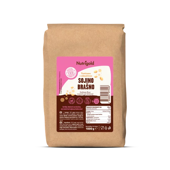 Nutrigold soy flour in a brown paper packaging of 1000g
