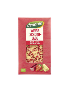 Dennree organic strawberry & rhubarb white chocolate in a packaging of 100g