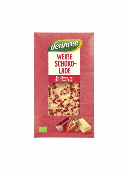 Dennree organic strawberry & rhubarb white chocolate in a packaging of 100g