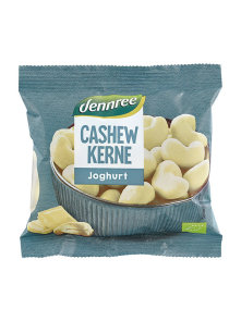Dennree organic yoghurt white chocolate covered cashew kernels in a packaging of 80g