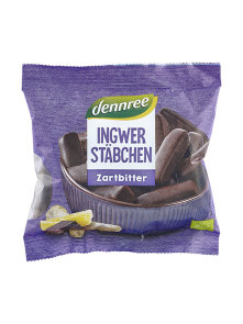 Dennree organic dark chocolate covered ginger sticks in a packaging of 80g