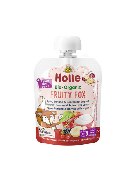 Holle organic apple, banana & berry purée "Fruity Fox" in a pouch packaging of 85g