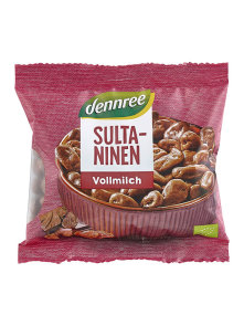 Dennree organic milk chocolate covered ''Sultanas'' raisins in a packaging of 100g