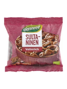 Dennree organic milk chocolate covered ''Sultanas'' raisins in a packaging of 100g