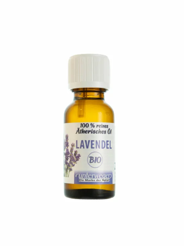 Unterweger organic lavender essential oil in a dark glass bottle of 20ml