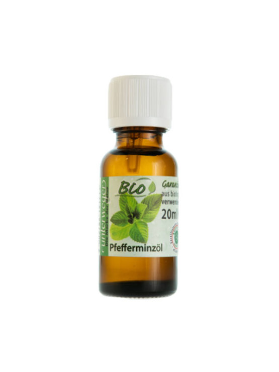 Unterweger organic mint essential oil in a dark glass bottle of 20ml