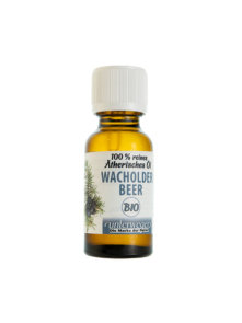 Unterweger organic juniper essential oil in a dark glass bottle of 20ml