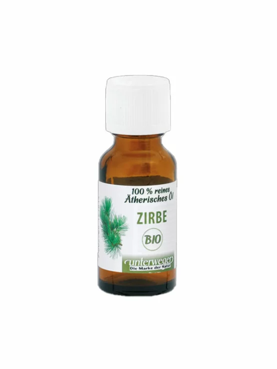 Unterweger organic Swiss pine essential oil in a dark glass bottle of 20ml