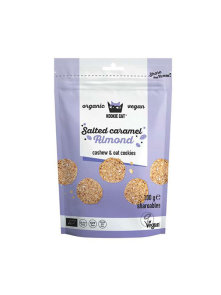 Kookie Cat organic almond and salted caramel cookies in a packaging of 100g