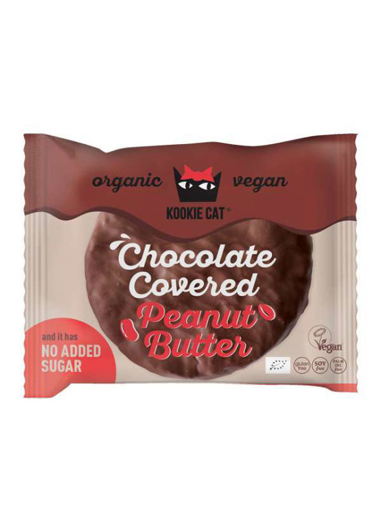 Kookie Cat organic chocolate covered peanut butter cookie with no added sugar in a packaging of 50g