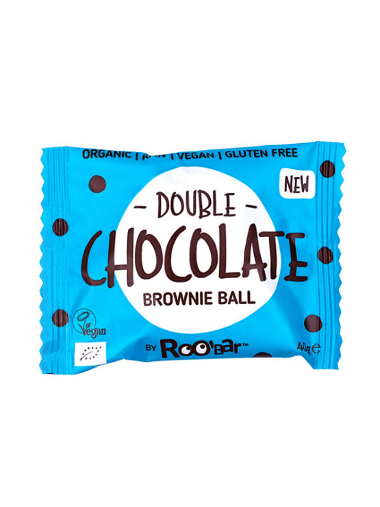 Roobar organic double chocolate brownie ball in a packaging of 40g