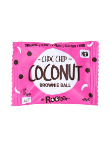 Roobar organic and gluten free coconut and chocolate chip energy ball in  a pink packaging of 40g
