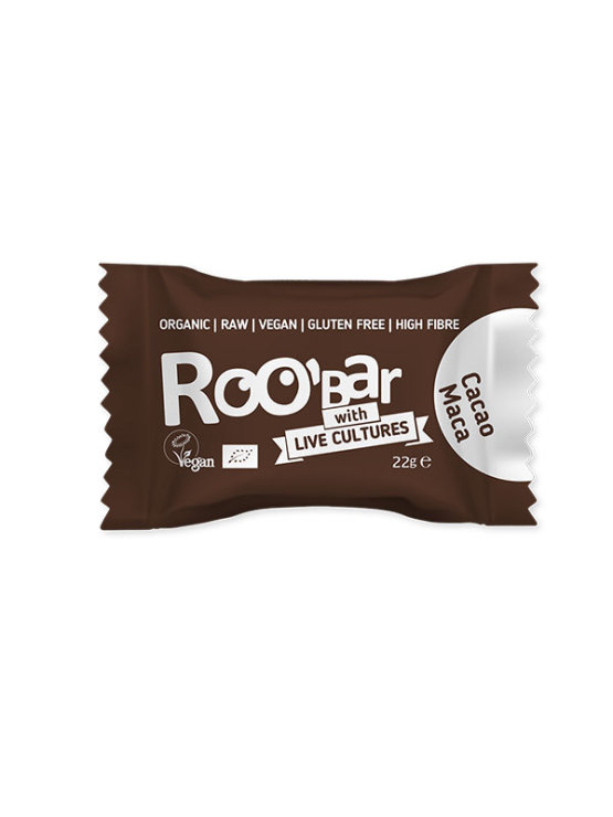 Roobar organic probiotic energy ball with cocoa and maca powder in a packaging of 22g