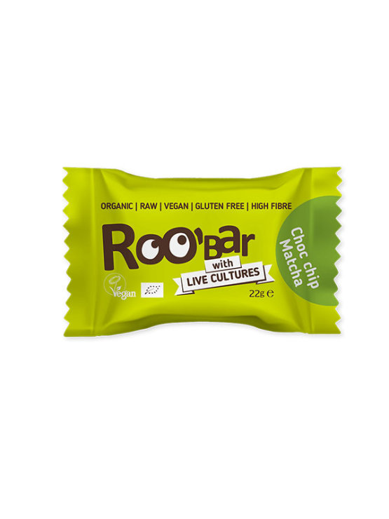 Roobar organic chocolate chip and matcha energy ball with live cultures in a packaging of 22g