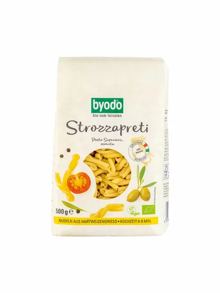 Byodo organic durum wheat strozzapreti pasta in a packaging of 500g