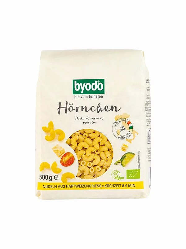 Byodo organic durum wheat macaroni pasta in a packaging of 500g