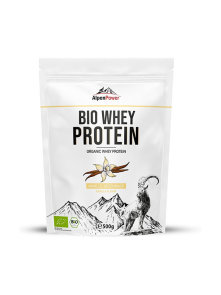 Alpen Power vanilla flavoured organic whey protein powder in a white packaging of 500g