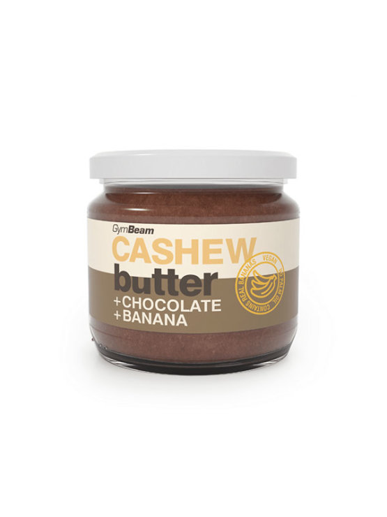 GymBeam cashew butter with chocolate and banana in a glass jar of 340g