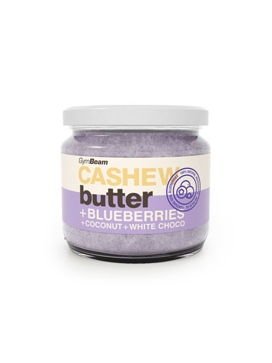 GymBeam cashew butter with blueberries, coconut and white chocolate in a glass jar of 340g