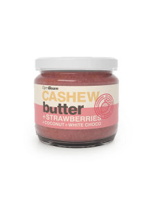 GymBeam cashew butter with strawberries, coconut and white chocolate in a glass jar of 340g